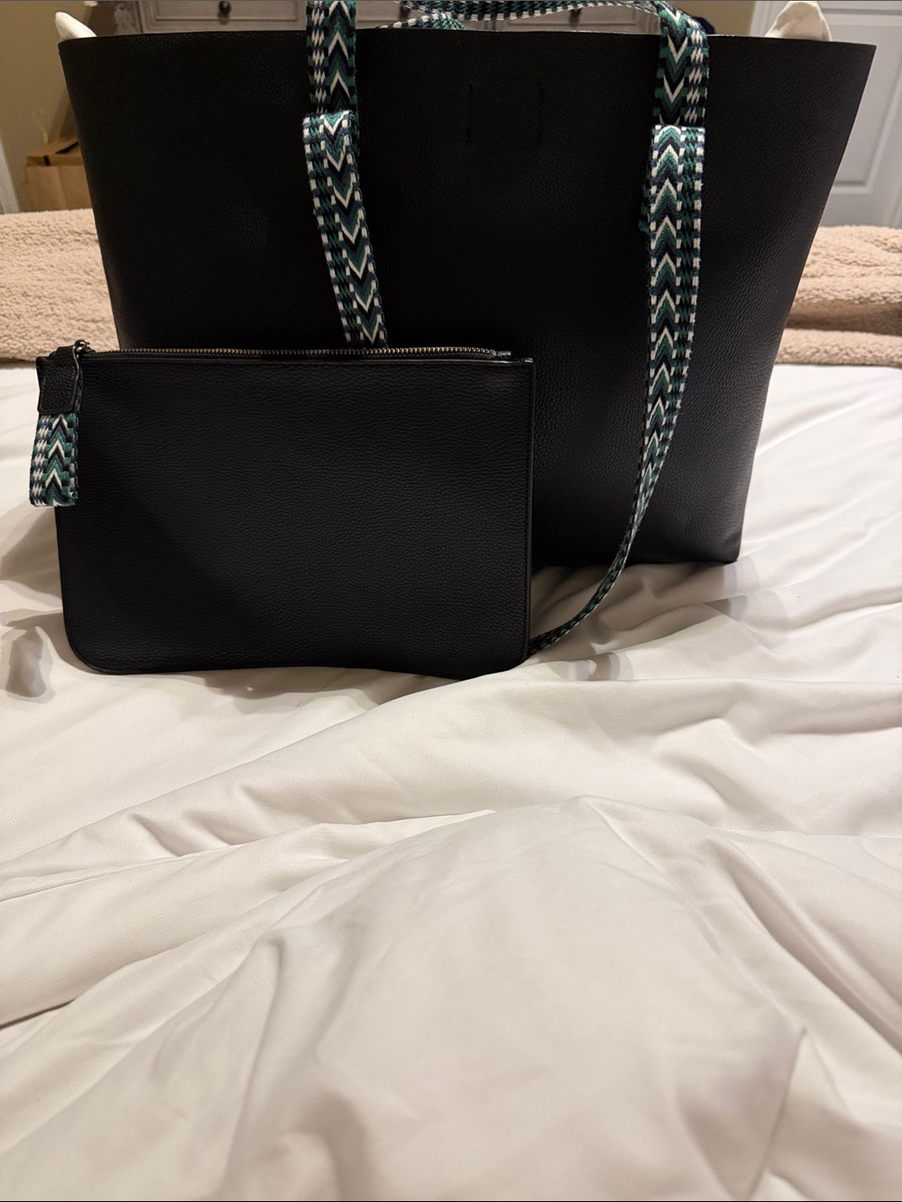 Shiraleah Kendra Black Vegan Leather Tote with Woven Chevron Straps & Pouch
